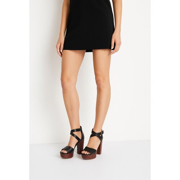 Vince Camuto Heel Sandals 9.5 Black Leather Platform Block Strappy Modern Glam - Picture 1 of 15